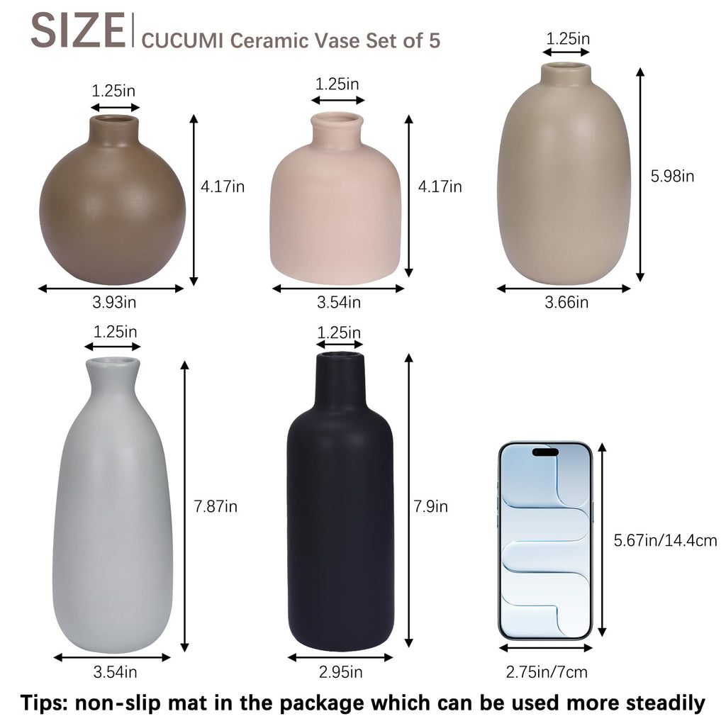 CUCUMI Ceramic Vase Set of 5, Home Decor Farmhouse Décor Handmade Pottery Vases for Pampas Grass, Dried Fresh Flowers, Table, Living Room, Kitchen, Shelf, Entryway Mantel Neutral Tones