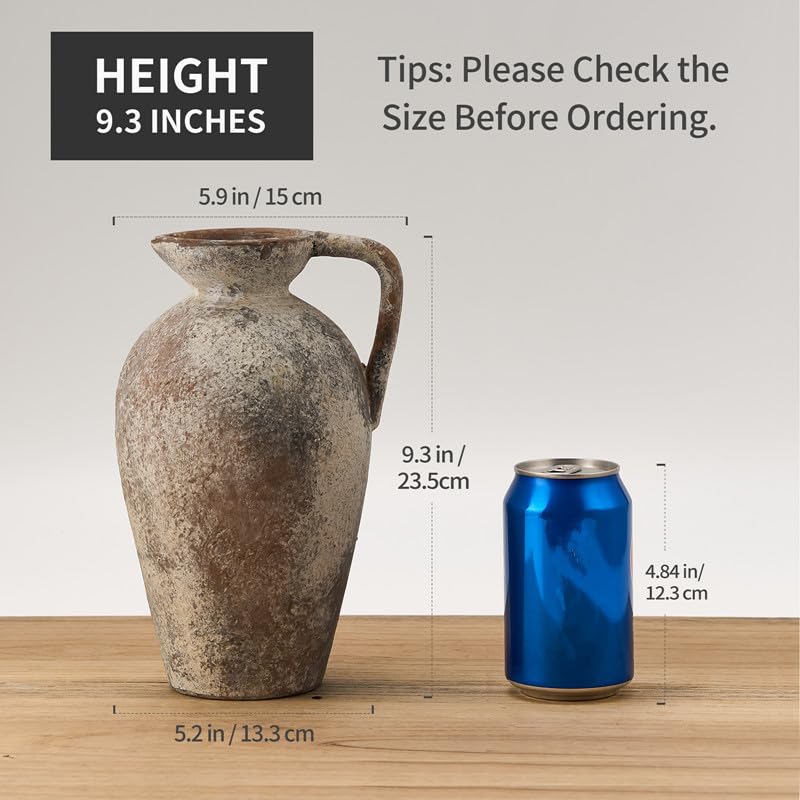 LUKA Ceramic Rustic Farmhouse Vase,9.25 inch Terracotta Vase with Handle,Neutral Tall Clay Vases Decorative Vases for Living Room,Table,Shelf Decor(Brown,L)