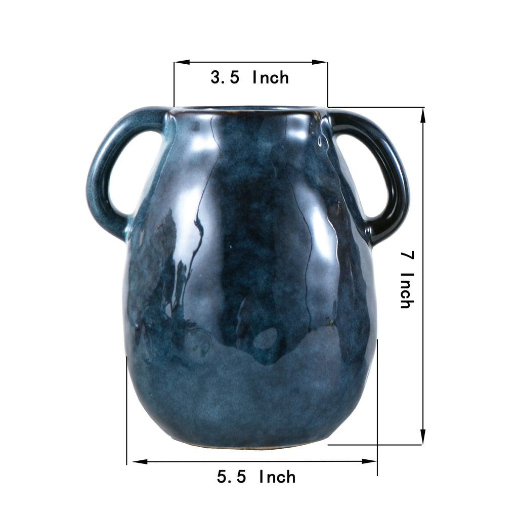 Tanvecle Blue Ceramic Vase with 2 Handles, Modern Farmhouse Decor, Rustic Terracotta Pottery, Decorative Flower Vases, Clay Small Vase, Centerpiece for Dining Table - 7 Inch Tall