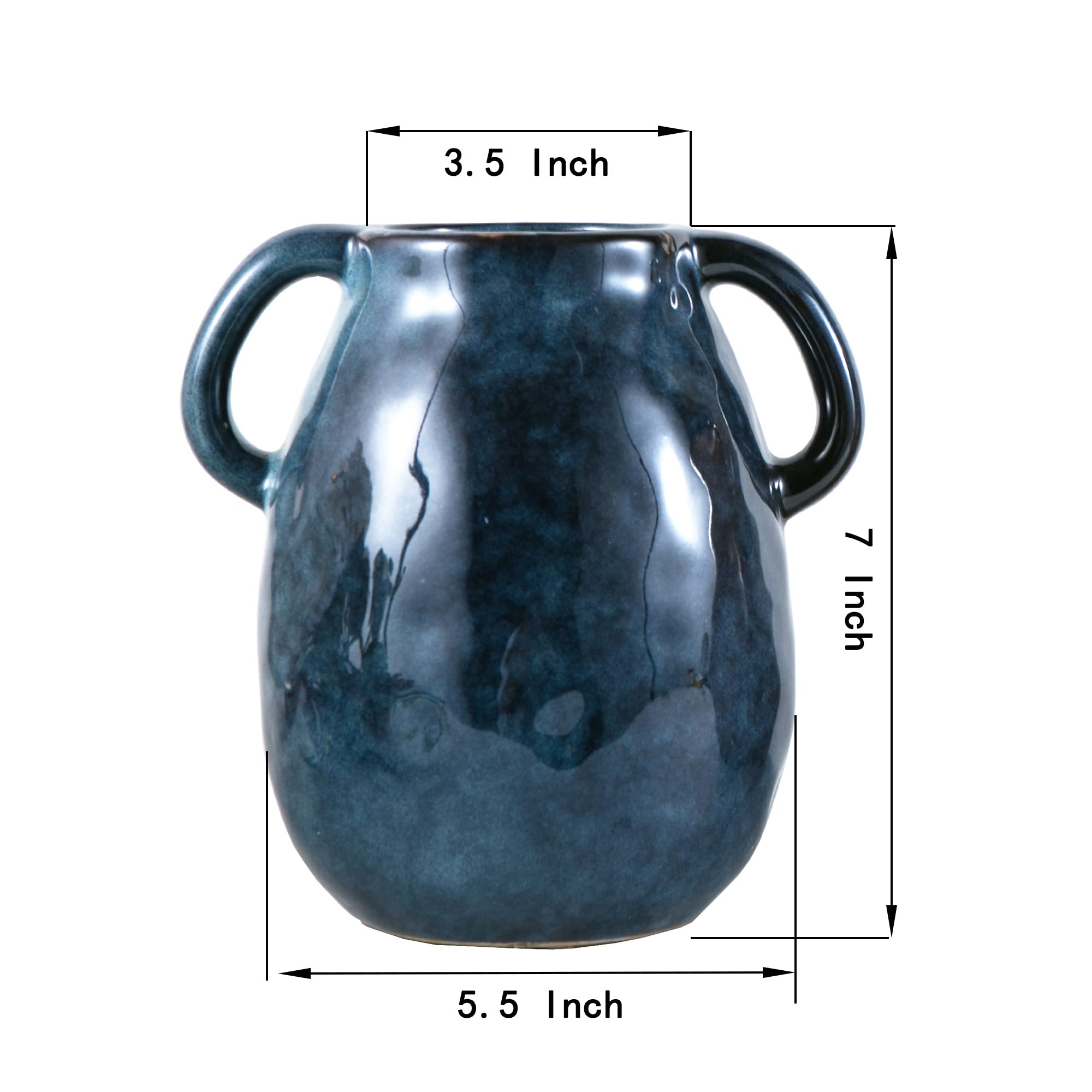 Tanvecle Blue Ceramic Vase with 2 Handles, Modern Farmhouse Decor, Rustic Terracotta Pottery, Decorative Flower Vases, Clay Small Vase, Centerpiece for Dining Table - 7 Inch Tall