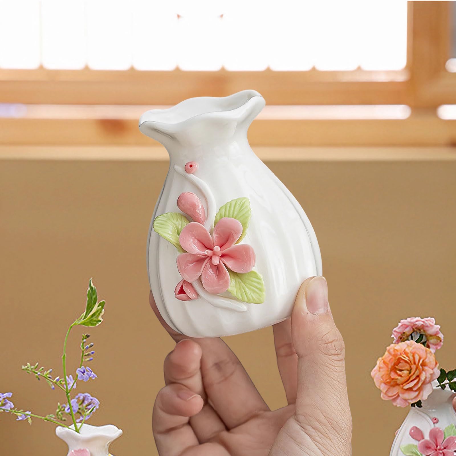 Hikiwin Handmade Ceramic Vase, 3D Hand Painted Flower Home Decor, Porcelain Relief Flowers, Living Room Dining Desk Statue Ornaments, 1 Piece