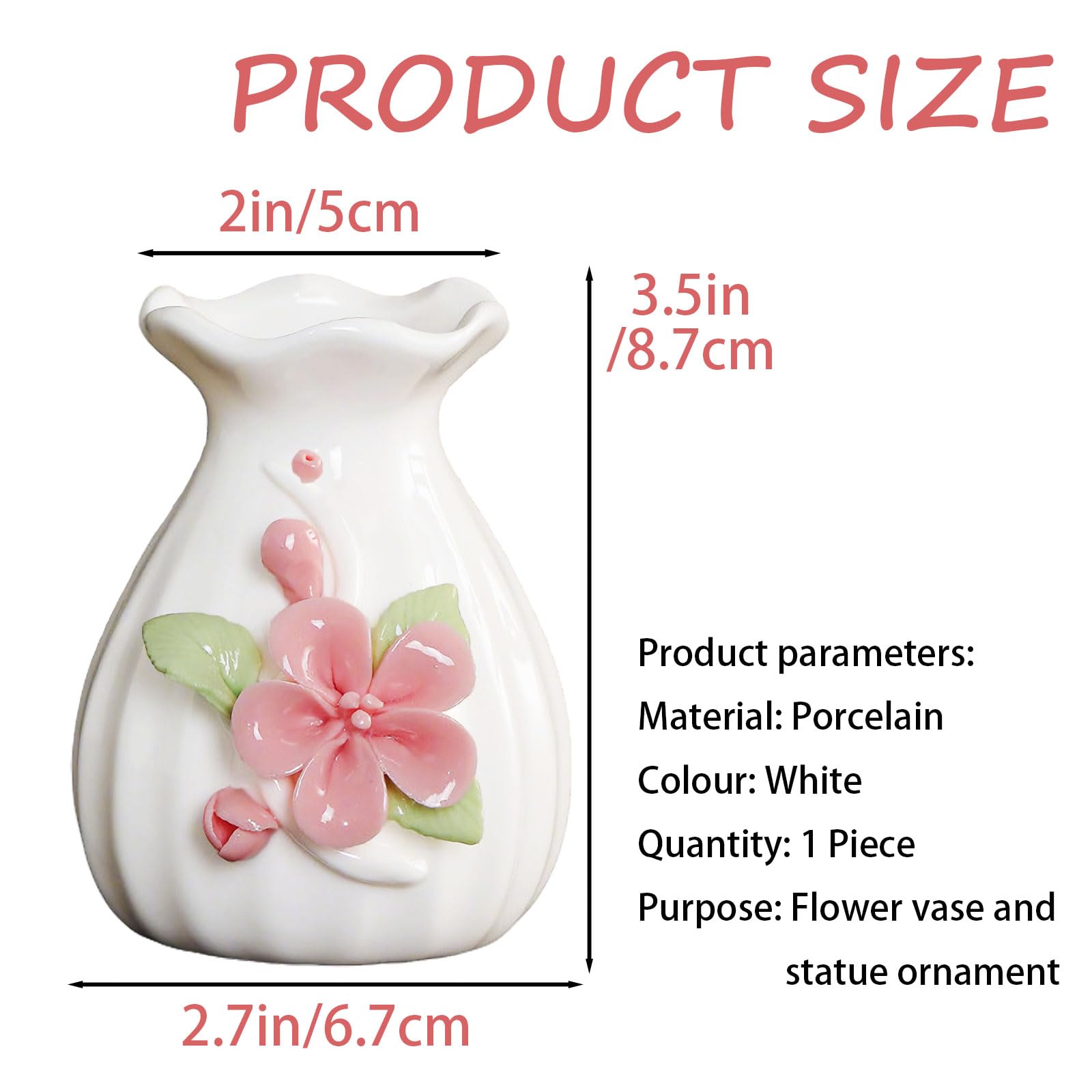 Hikiwin Handmade Ceramic Vase, 3D Hand Painted Flower Home Decor, Porcelain Relief Flowers, Living Room Dining Desk Statue Ornaments, 1 Piece