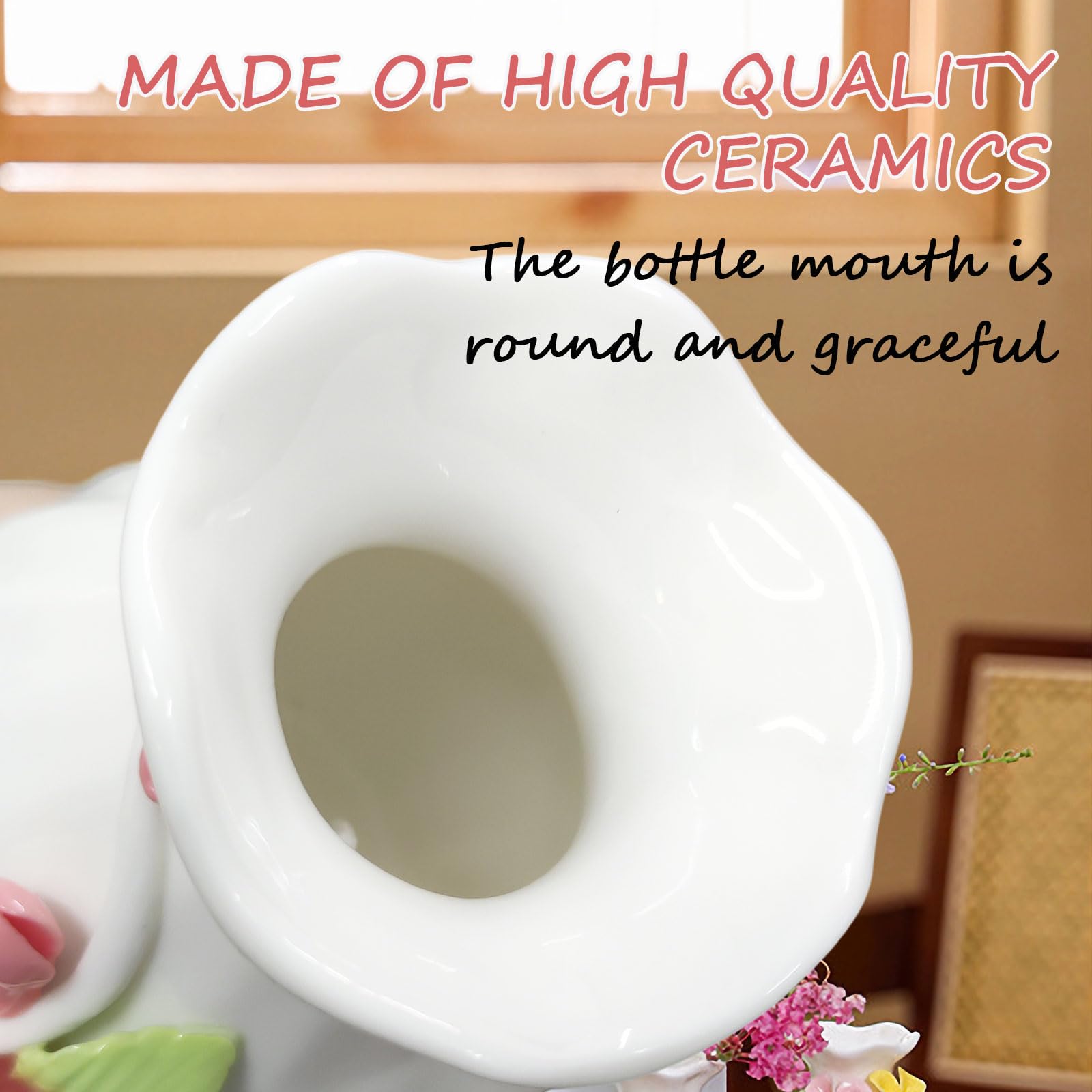 Hikiwin Handmade Ceramic Vase, 3D Hand Painted Flower Home Decor, Porcelain Relief Flowers, Living Room Dining Desk Statue Ornaments, 1 Piece