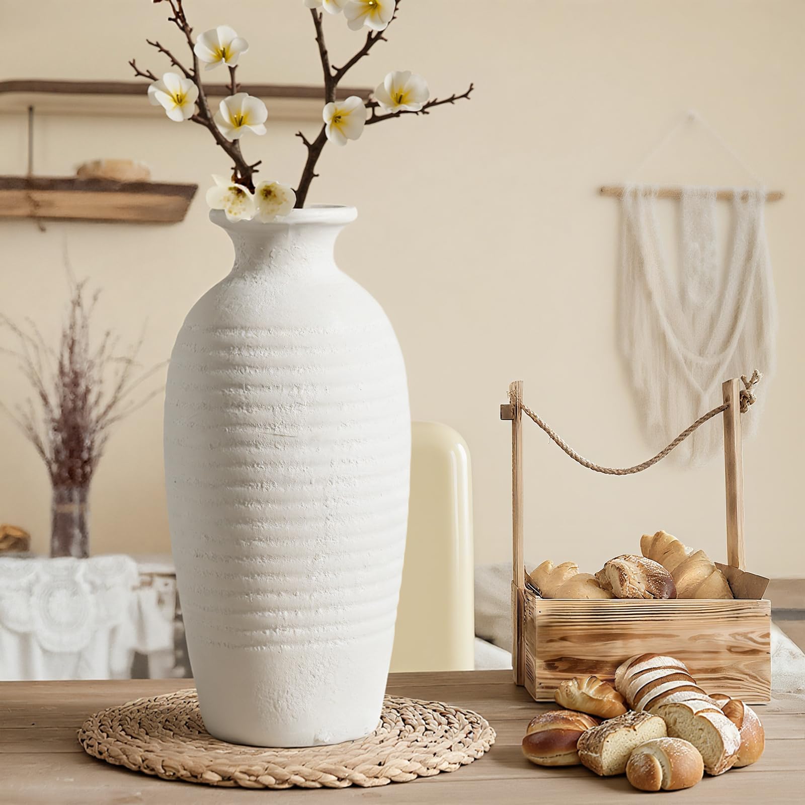 Rustic Ceramic Threaded White Vase, 14.4" H Tall Vases for Centerpieces,Handmade Large Decorative Vase for Living Room Decor,Vintage Farmhouse Pottery Flower Vase for Entryway Fireplace|Off-White
