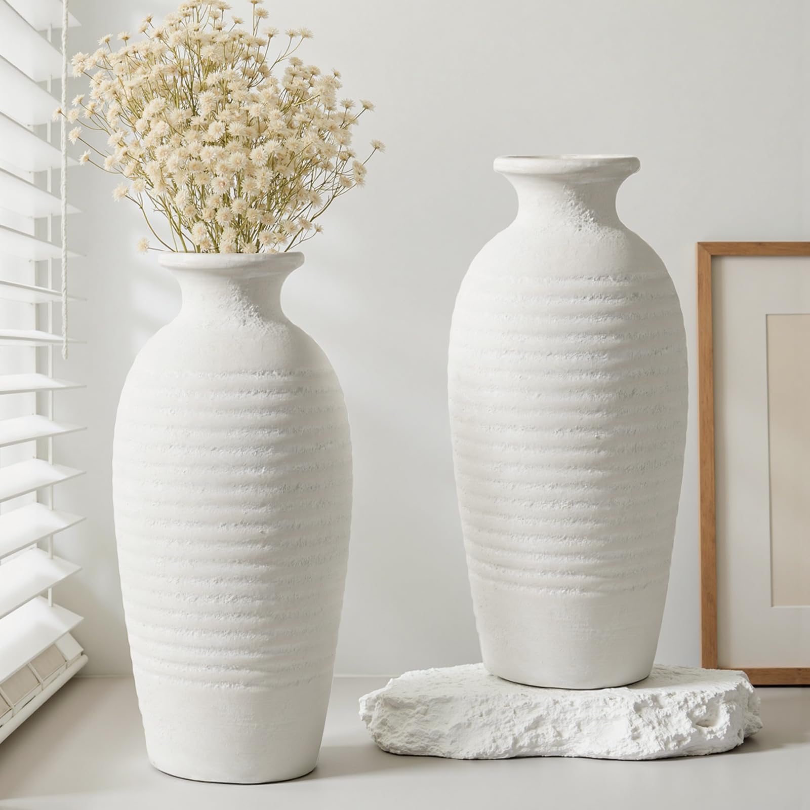 Rustic Ceramic Threaded White Vase, 14.4" H Tall Vases for Centerpieces,Handmade Large Decorative Vase for Living Room Decor,Vintage Farmhouse Pottery Flower Vase for Entryway Fireplace|Off-White