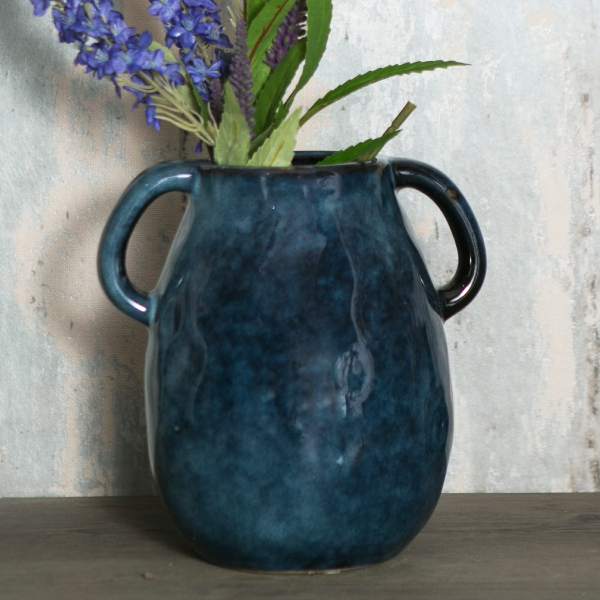 Tanvecle Blue Ceramic Vase with 2 Handles, Modern Farmhouse Decor, Rustic Terracotta Pottery, Decorative Flower Vases, Clay Small Vase, Centerpiece for Dining Table - 7 Inch Tall