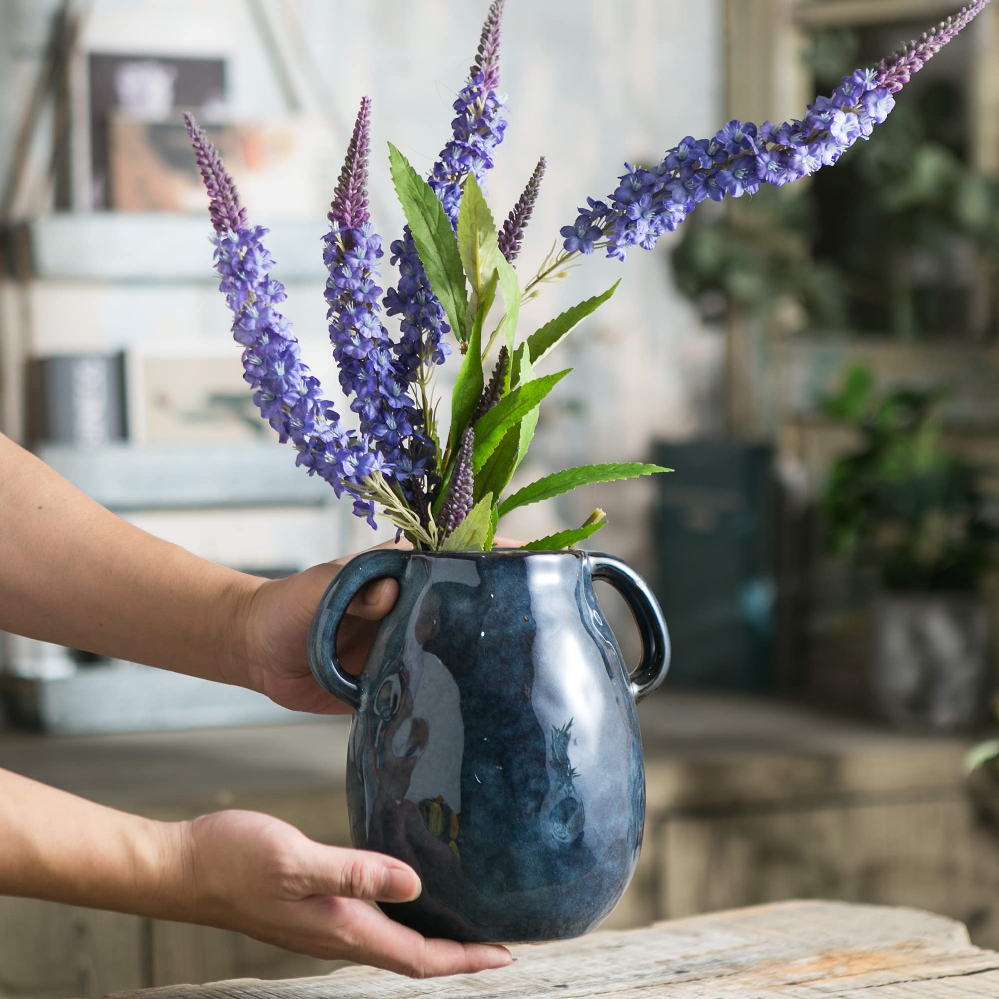 Tanvecle Blue Ceramic Vase with 2 Handles, Modern Farmhouse Decor, Rustic Terracotta Pottery, Decorative Flower Vases, Clay Small Vase, Centerpiece for Dining Table - 7 Inch Tall