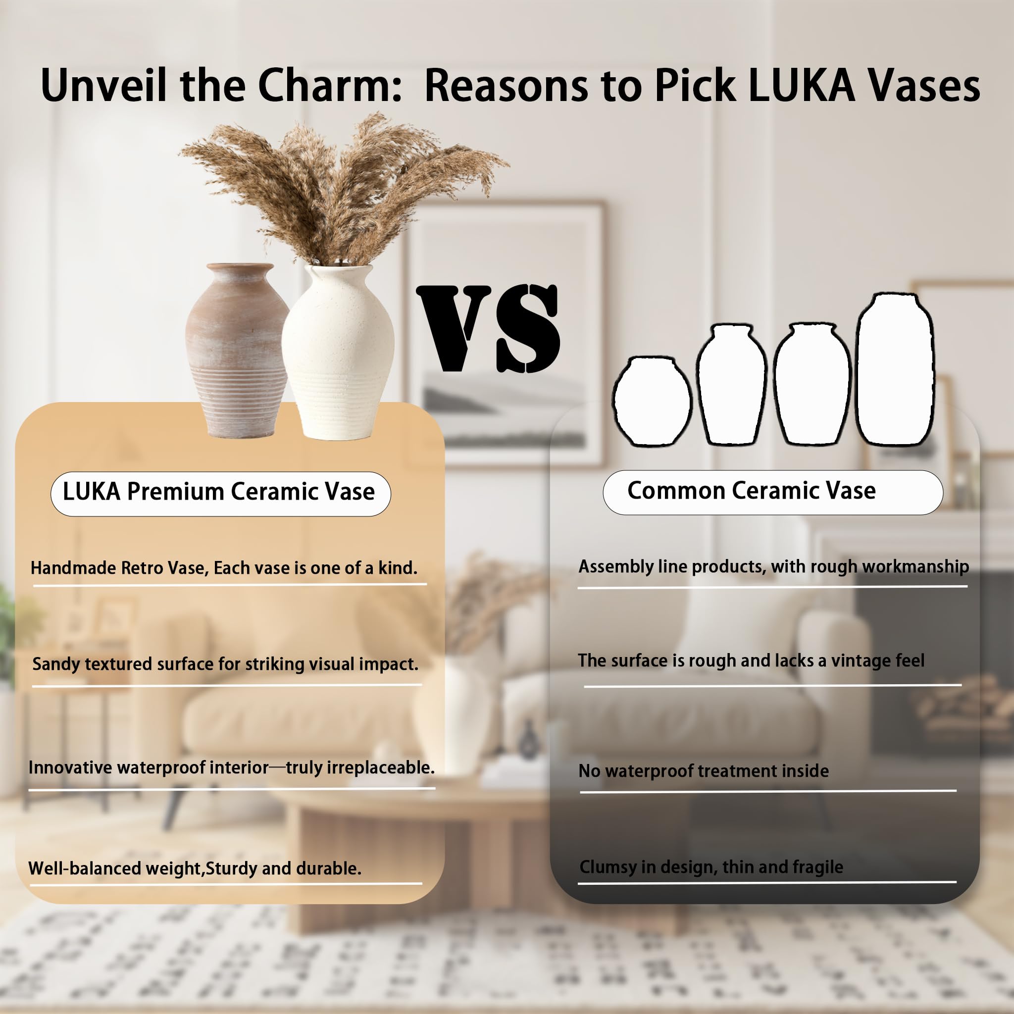 LUKA Ceramic Rustic Farmhouse Vase, 9.2 inch Whitewashed Terracotta Vase, Pottery Decorative Vases,Clay Decorative Vases for Home Decor, Table, Living Room, Shelf, Mantel Decoration(Off-White)