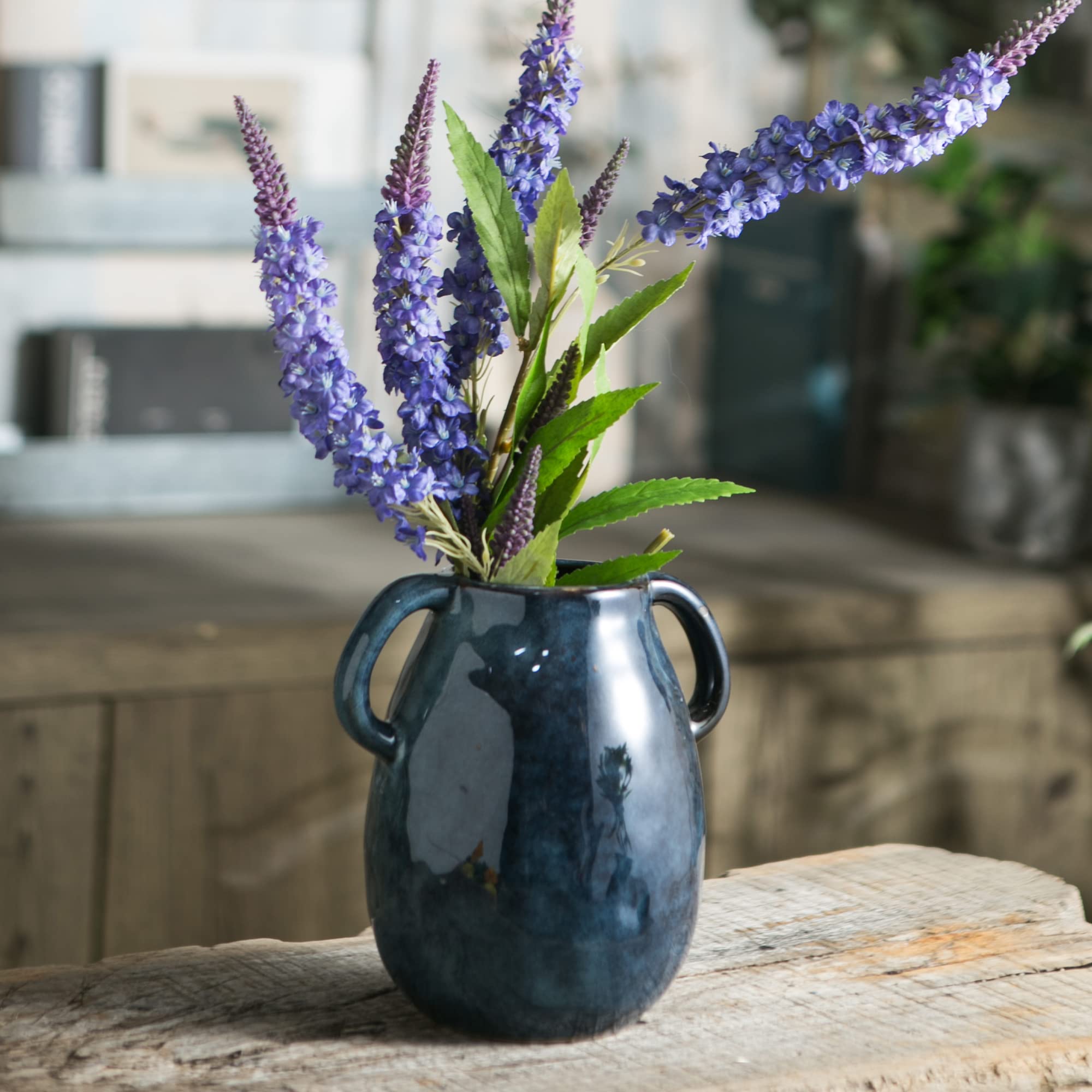 Tanvecle Blue Ceramic Vase with 2 Handles, Modern Farmhouse Decor, Rustic Terracotta Pottery, Decorative Flower Vases, Clay Small Vase, Centerpiece for Dining Table - 7 Inch Tall