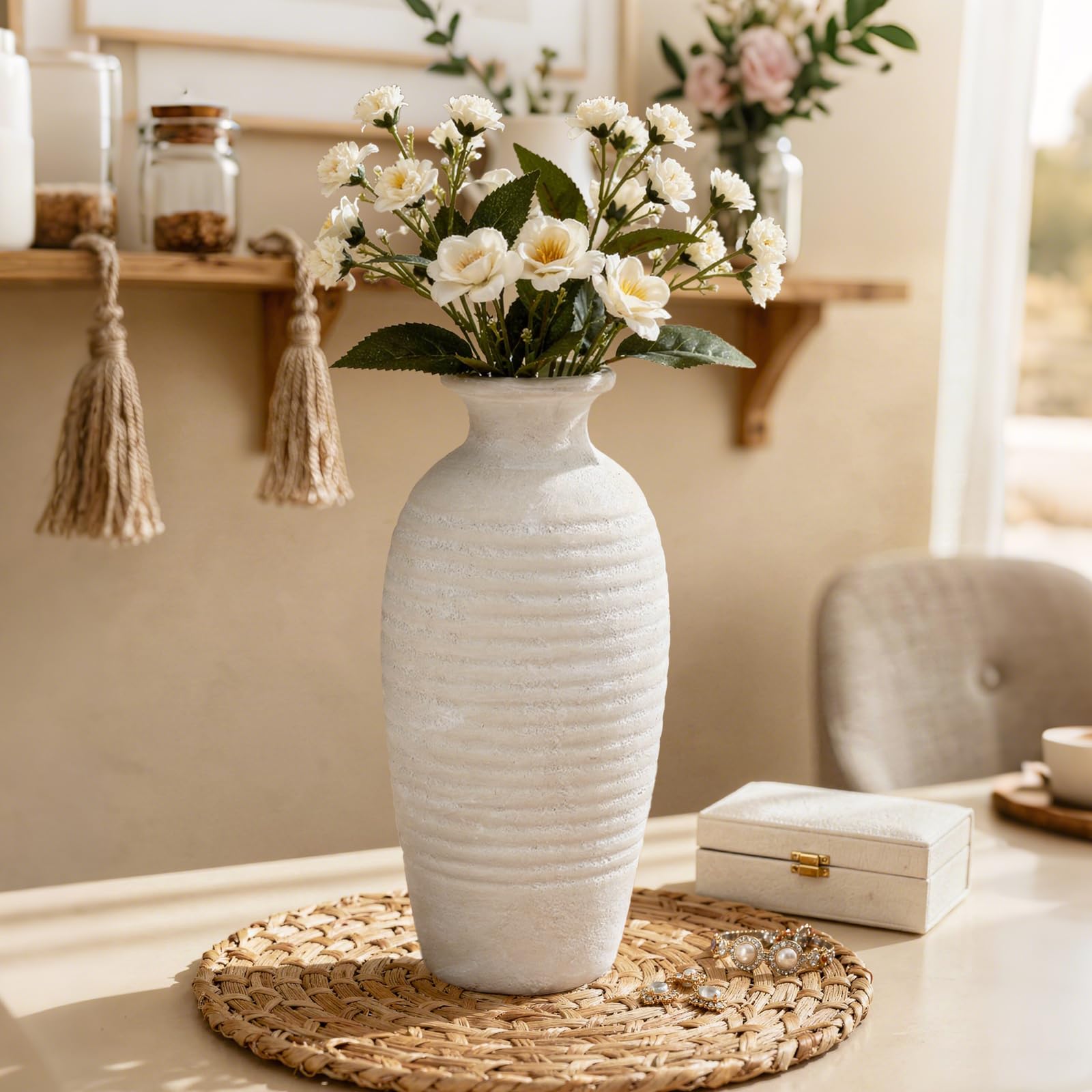 Rustic Ceramic Threaded White Vase, 14.4" H Tall Vases for Centerpieces,Handmade Large Decorative Vase for Living Room Decor,Vintage Farmhouse Pottery Flower Vase for Entryway Fireplace|Off-White