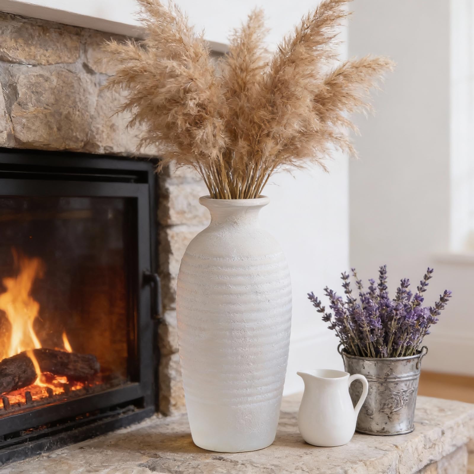 Rustic Ceramic Threaded White Vase, 14.4" H Tall Vases for Centerpieces,Handmade Large Decorative Vase for Living Room Decor,Vintage Farmhouse Pottery Flower Vase for Entryway Fireplace|Off-White