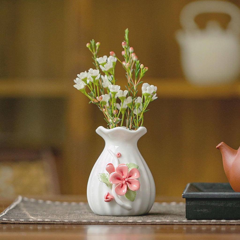 Hikiwin Handmade Ceramic Vase, 3D Hand Painted Flower Home Decor, Porcelain Relief Flowers, Living Room Dining Desk Statue Ornaments, 1 Piece