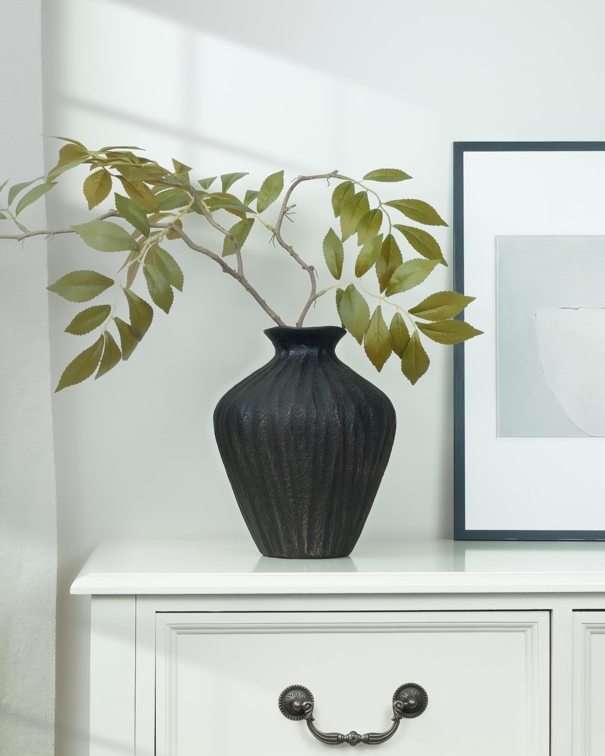 Black Ceramic Vase 7.95 Inch – Handmade with Hand-Painted Gold Detailing – Sculptural Art Decor for Modern Minimalist Home – Organic Tabletop Flower Vase for Living Room or Shelf