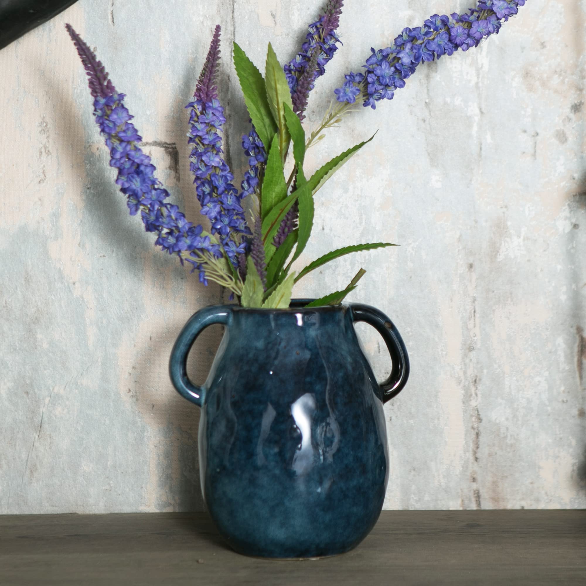Tanvecle Blue Ceramic Vase with 2 Handles, Modern Farmhouse Decor, Rustic Terracotta Pottery, Decorative Flower Vases, Clay Small Vase, Centerpiece for Dining Table - 7 Inch Tall
