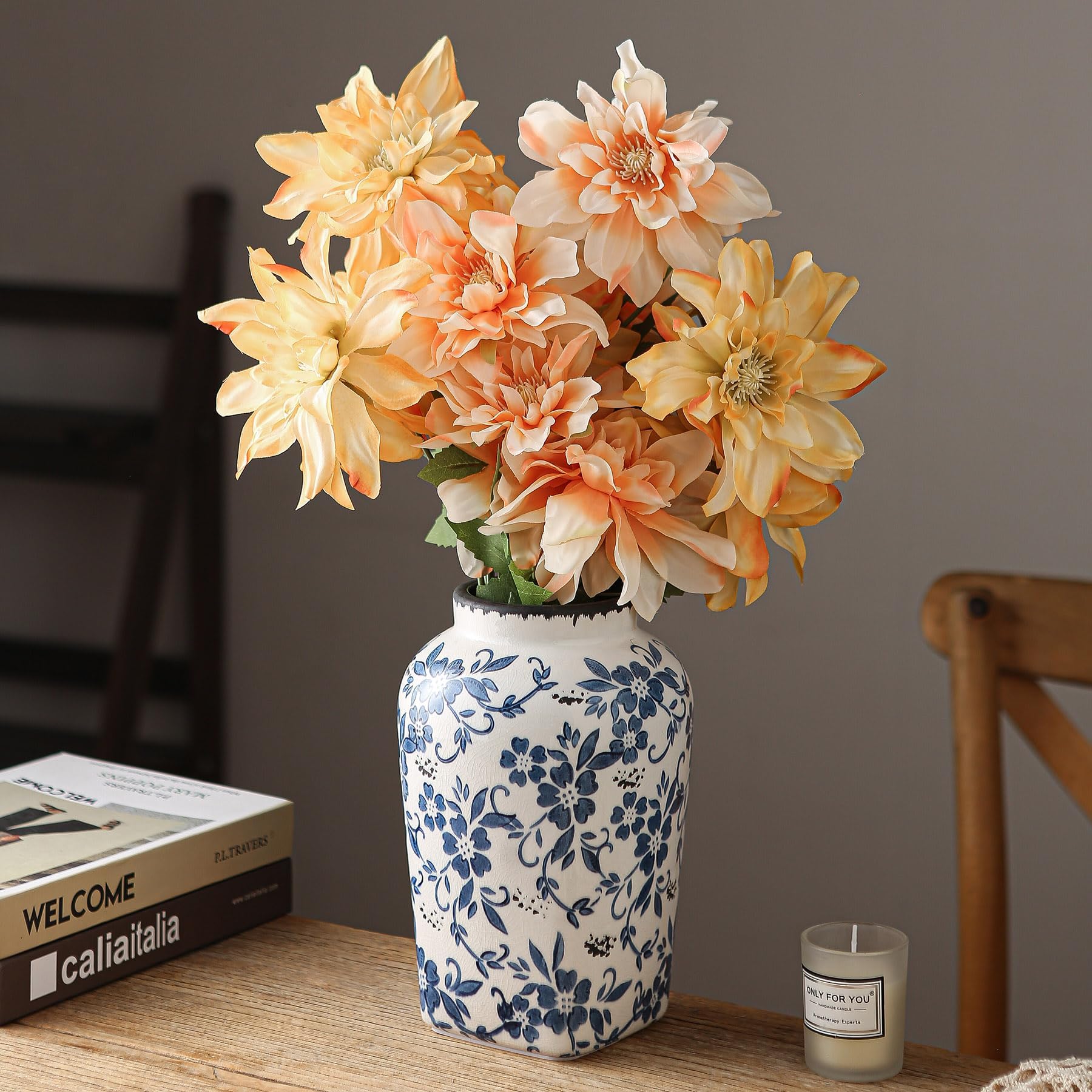 SURE YUESI Blue and White Chinoiserie Vase, Handmade Vintage Floral Ceramic Vase, Round Blue Vase for Flowers, Rustic Table Centerpiece, Blue Vases Home Decor for Living Room, Office, Kitchen 8.4 in