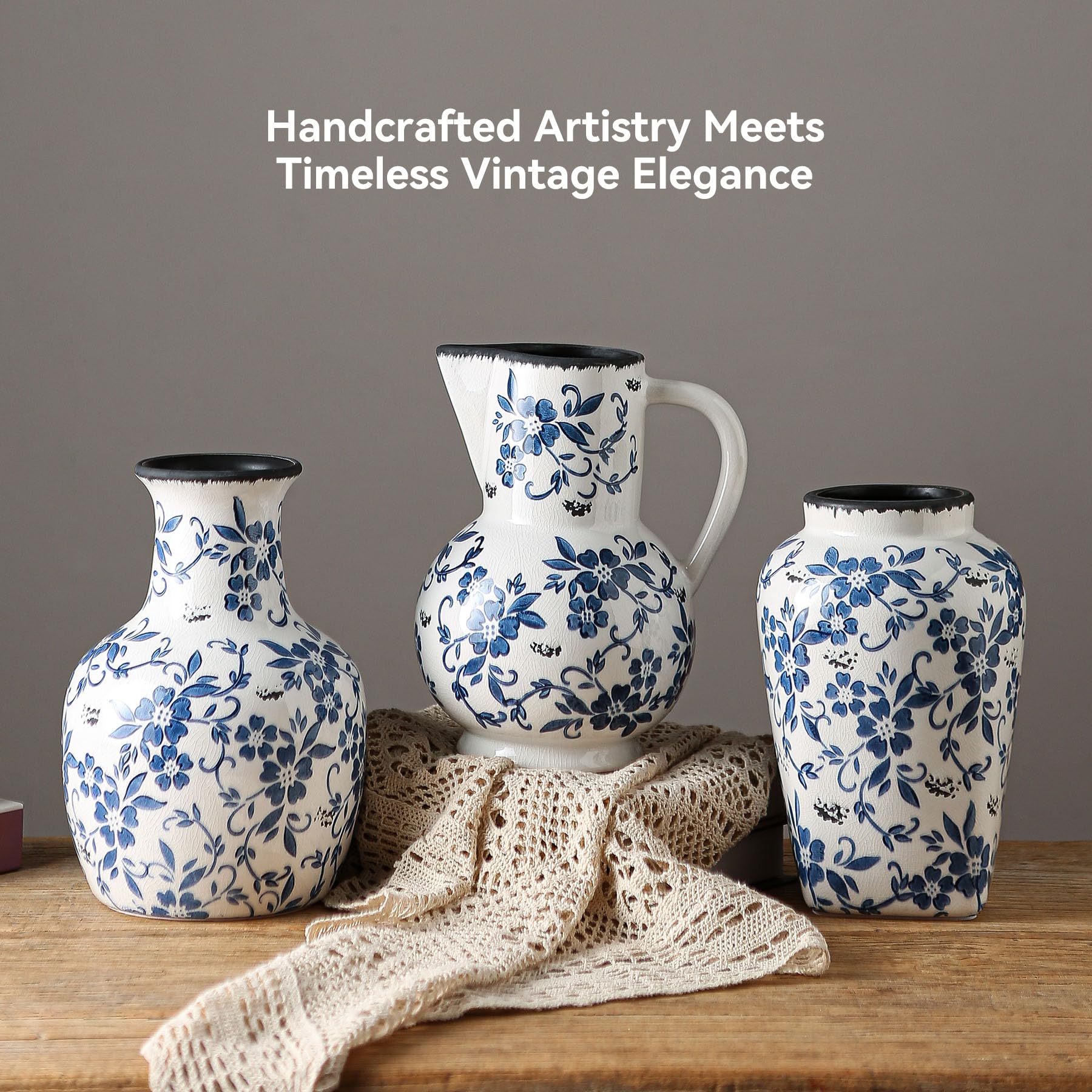 SURE YUESI Blue and White Chinoiserie Vase, Handmade Vintage Floral Ceramic Vase, Round Blue Vase for Flowers, Rustic Table Centerpiece, Blue Vases Home Decor for Living Room, Office, Kitchen 8.4 in