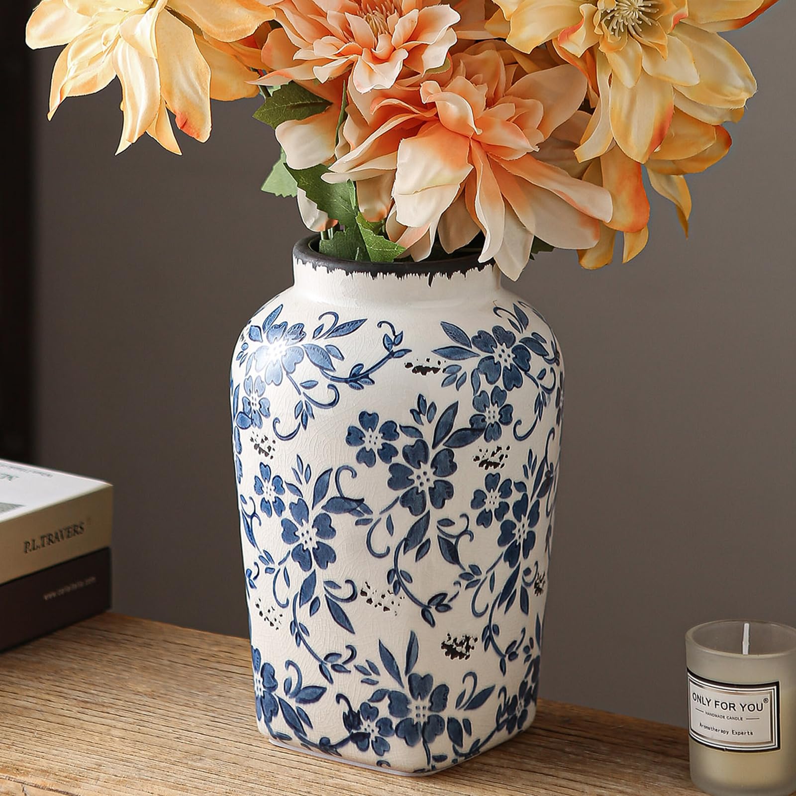 SURE YUESI Blue and White Chinoiserie Vase, Handmade Vintage Floral Ceramic Vase, Round Blue Vase for Flowers, Rustic Table Centerpiece, Blue Vases Home Decor for Living Room, Office, Kitchen 8.4 in