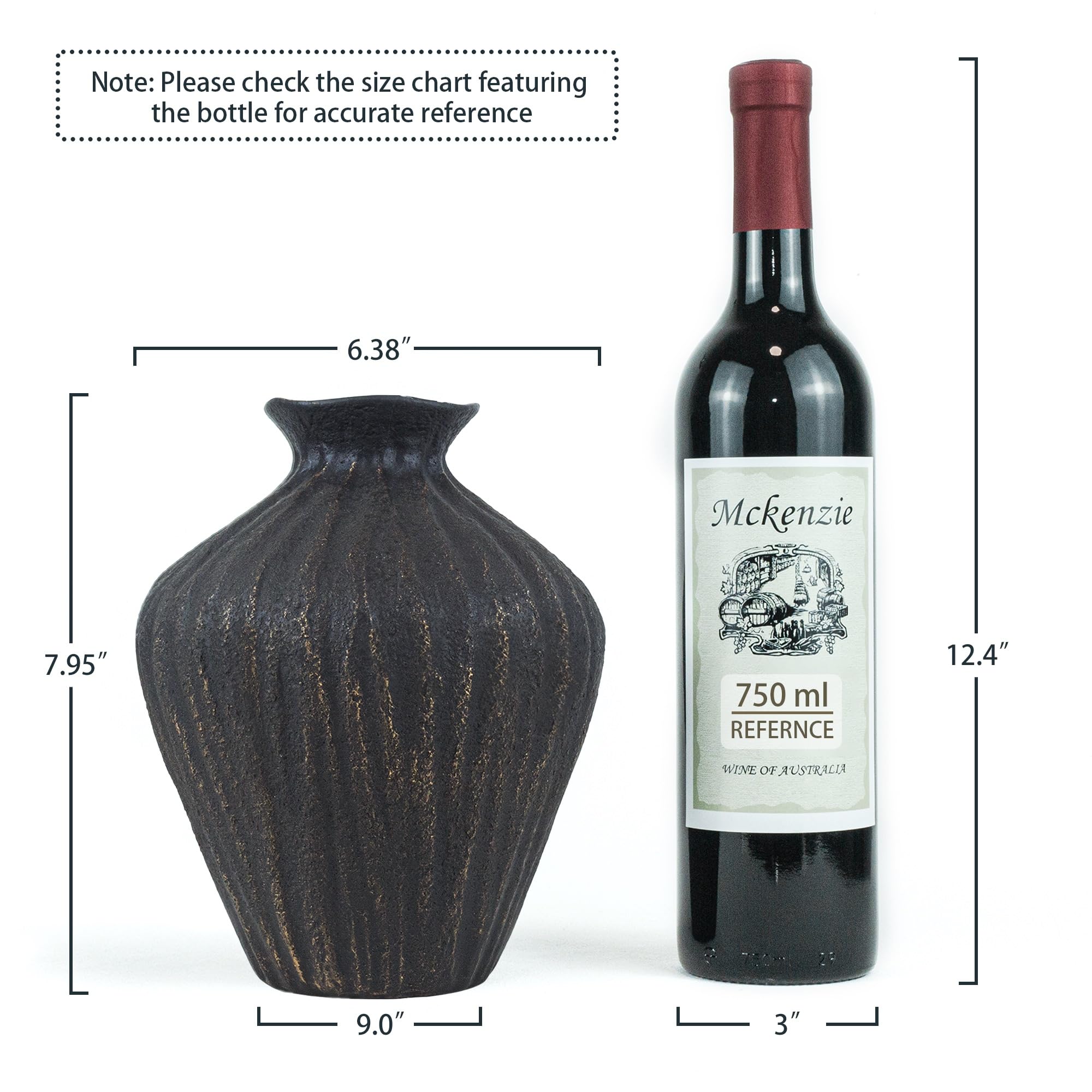 Black Ceramic Vase 7.95 Inch – Handmade with Hand-Painted Gold Detailing – Sculptural Art Decor for Modern Minimalist Home – Organic Tabletop Flower Vase for Living Room or Shelf