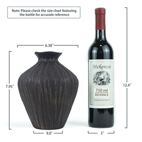 Black Ceramic Vase 7.95 Inch – Handmade with Hand-Painted Gold Detailing – Sculptural Art Decor for Modern Minimalist Home – Organic Tabletop Flower Vase for Living Room or Shelf