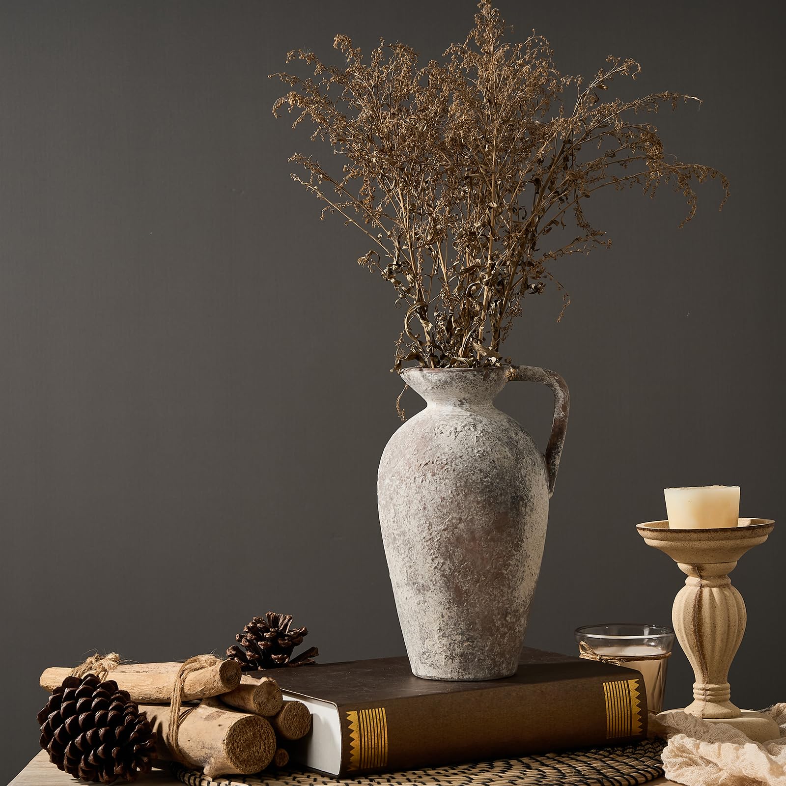 LUKA Ceramic Rustic Farmhouse Vase,9.25 inch Terracotta Vase with Handle,Neutral Tall Clay Vases Decorative Vases for Living Room,Table,Shelf Decor(Brown,L)