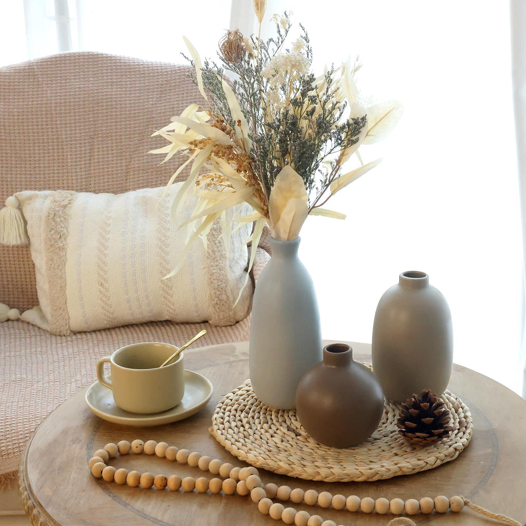 CUCUMI Ceramic Vase Set of 5, Home Decor Farmhouse Décor Handmade Pottery Vases for Pampas Grass, Dried Fresh Flowers, Table, Living Room, Kitchen, Shelf, Entryway Mantel Neutral Tones
