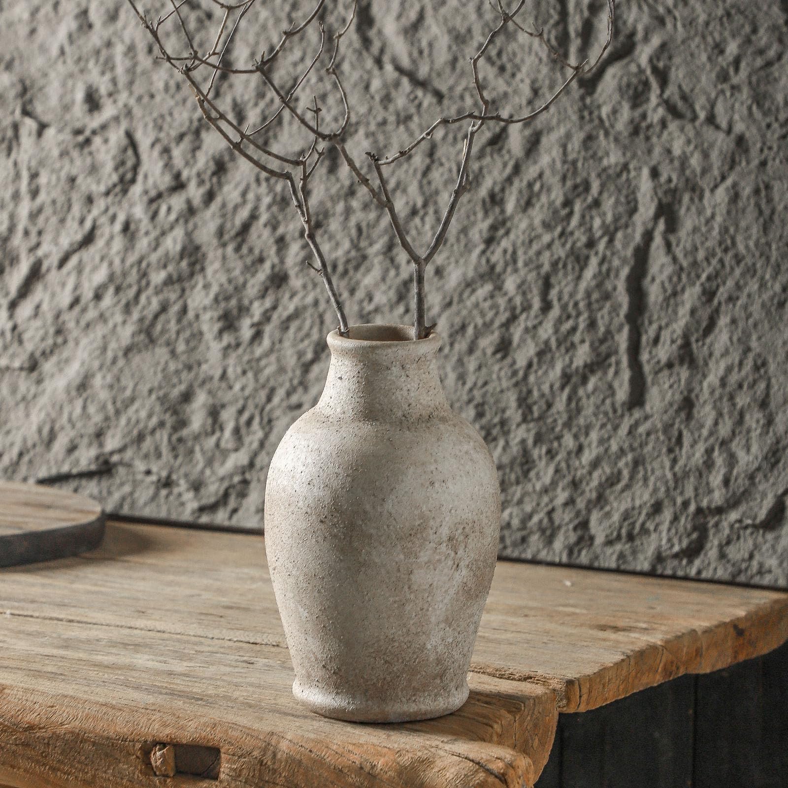 Handmade Rustic Ceramic Decorative vase, 8.3 x 5.5 inches, Off-White, Handcrafted in Vintage Style, Complements Rustic, Country, and Various Decor Themes.