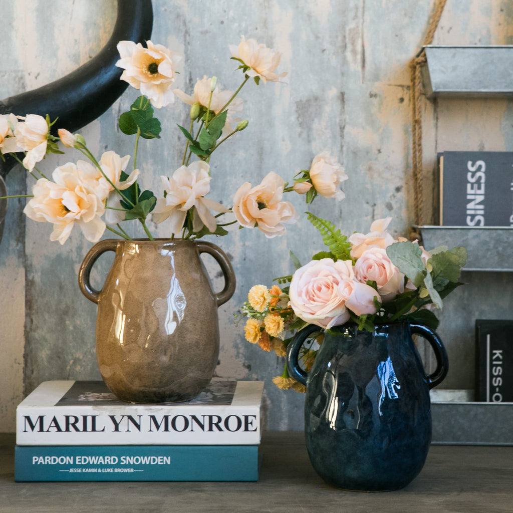 Tanvecle Blue Ceramic Vase with 2 Handles, Modern Farmhouse Decor, Rustic Terracotta Pottery, Decorative Flower Vases, Clay Small Vase, Centerpiece for Dining Table - 7 Inch Tall