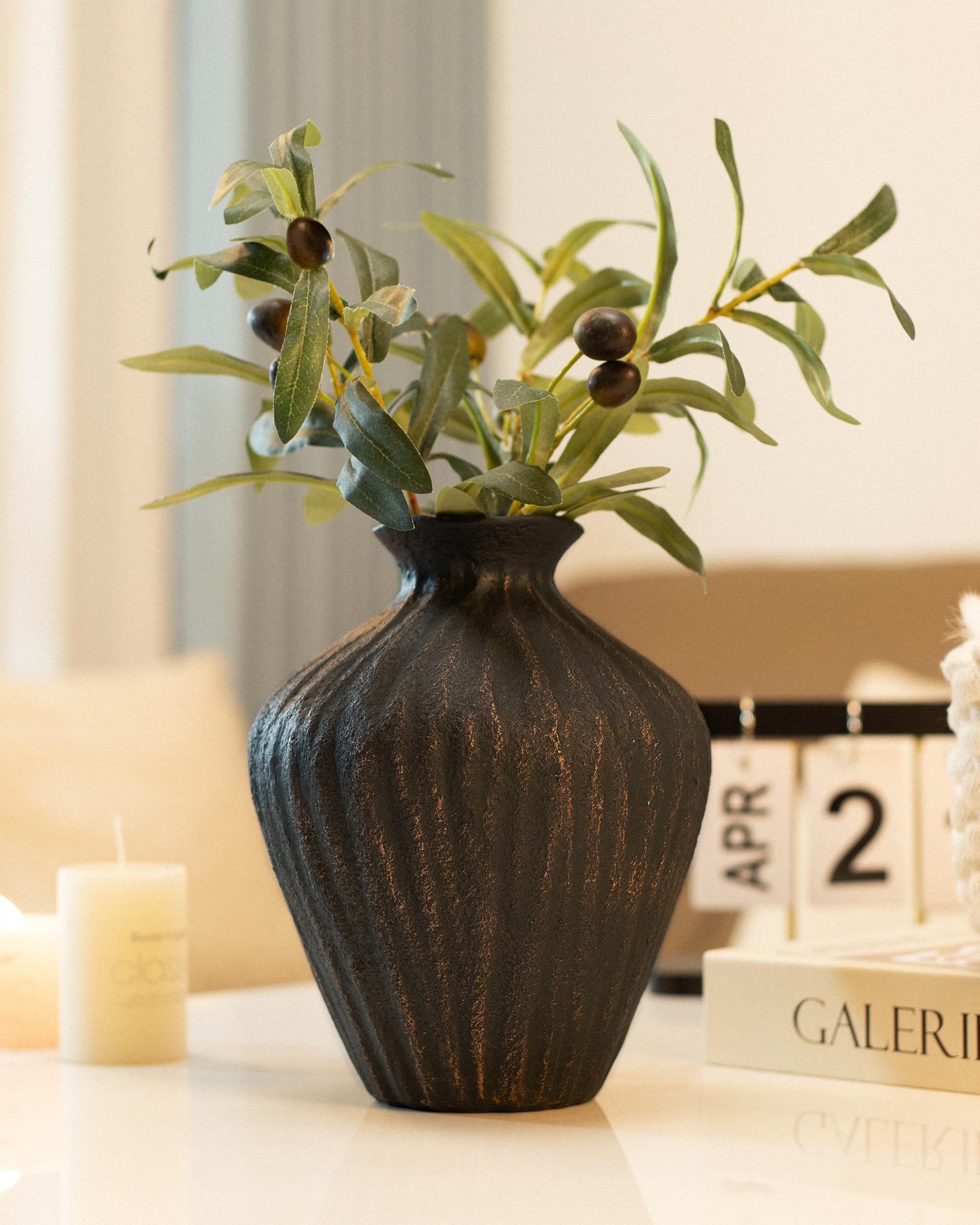 Black Ceramic Vase 7.95 Inch – Handmade with Hand-Painted Gold Detailing – Sculptural Art Decor for Modern Minimalist Home – Organic Tabletop Flower Vase for Living Room or Shelf