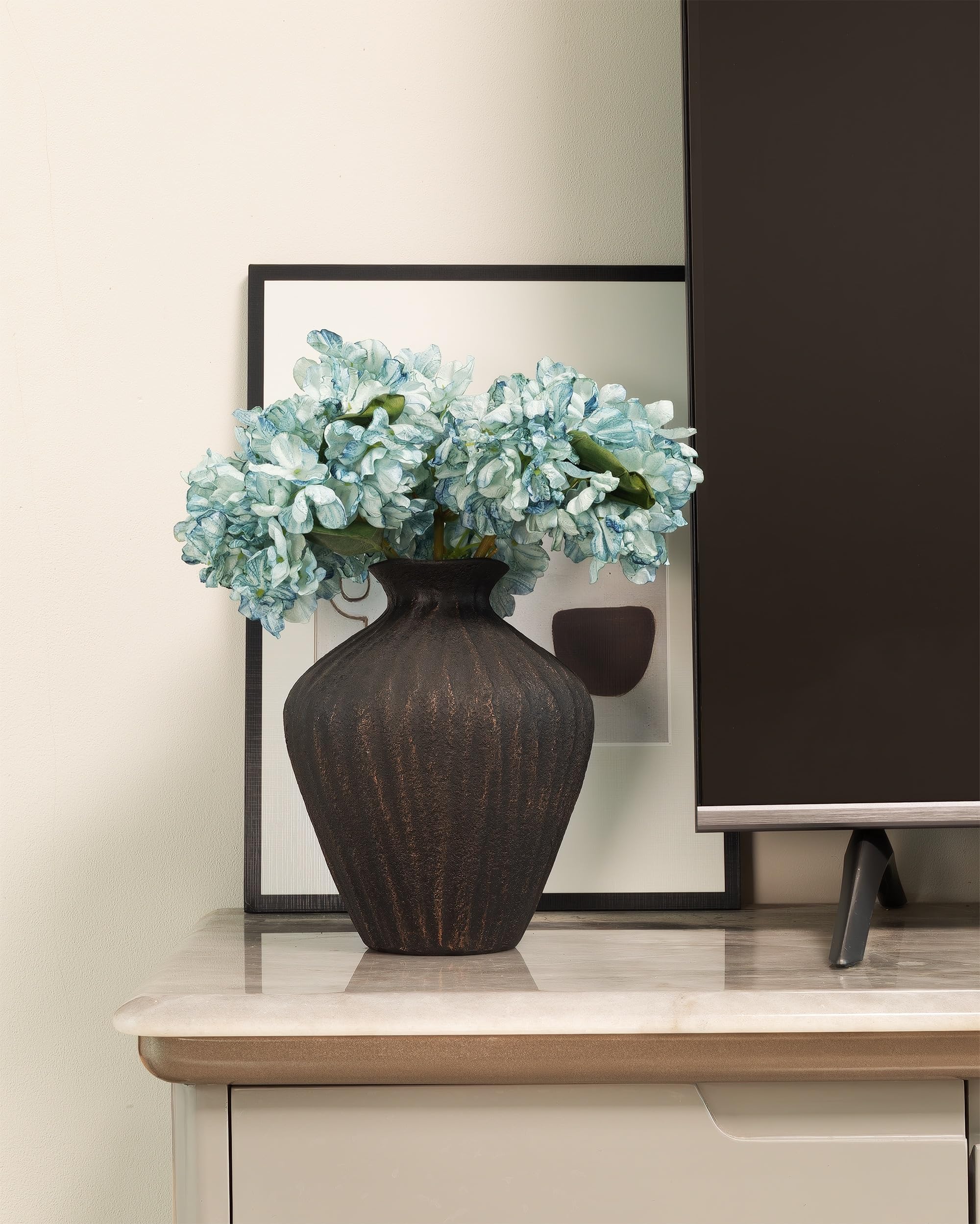 Black Ceramic Vase 7.95 Inch – Handmade with Hand-Painted Gold Detailing – Sculptural Art Decor for Modern Minimalist Home – Organic Tabletop Flower Vase for Living Room or Shelf